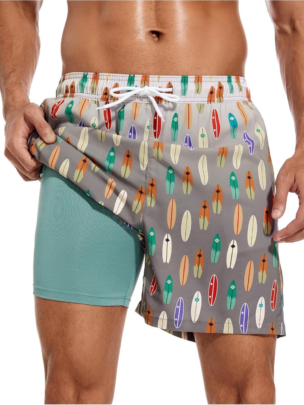 NWT XL Silkworld Men's Gray Surfboard-Print Swim Hybrids with Teal Liner